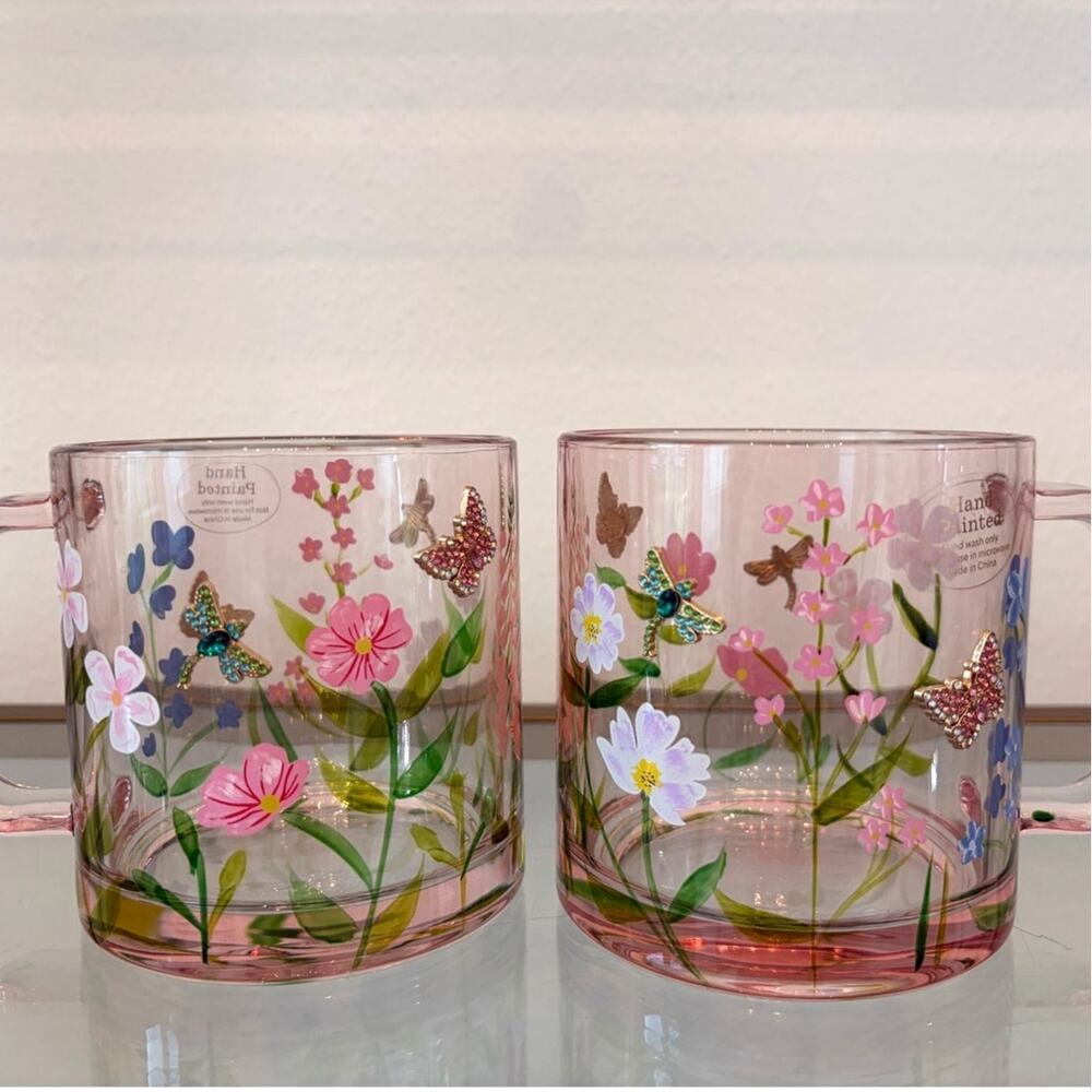 2pc Hand Painted & Jeweled Glass Mugs Multicolored Floral Butterfly NEW - Picture 10 of 15